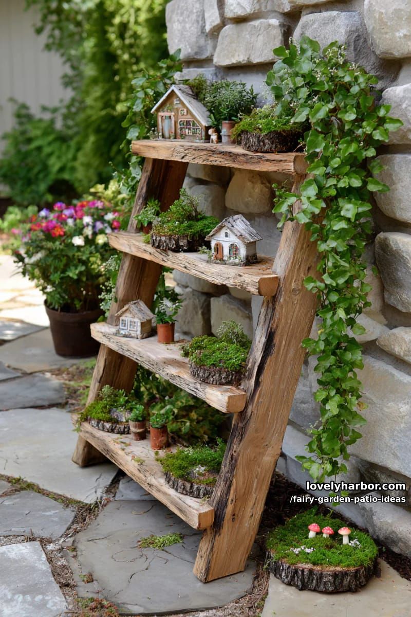 arrange a whimsical ladder shelf with fairy houses and trailing vines. 1