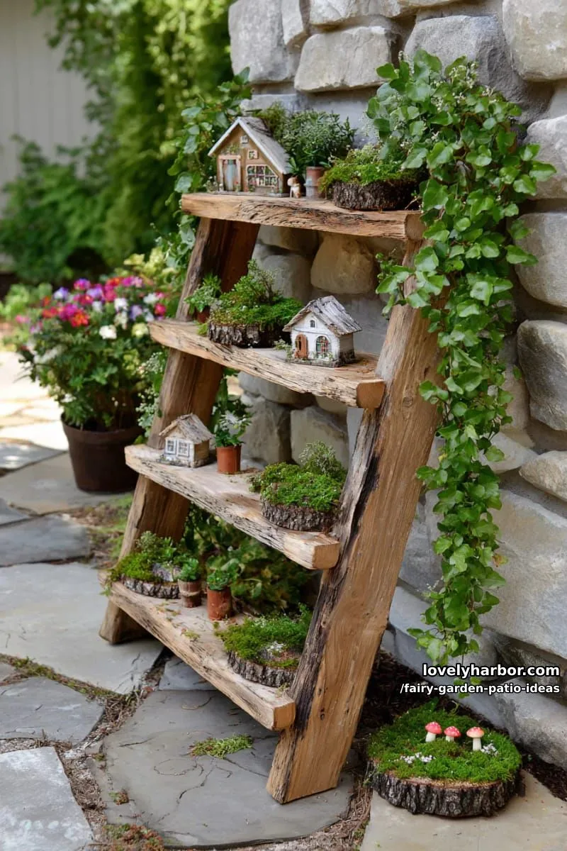 15 Enchanting Fairy Garden Patio Ideas to Inspire Your Space 18 arrange a whimsical ladder shelf with fairy houses and trailing vines. 1