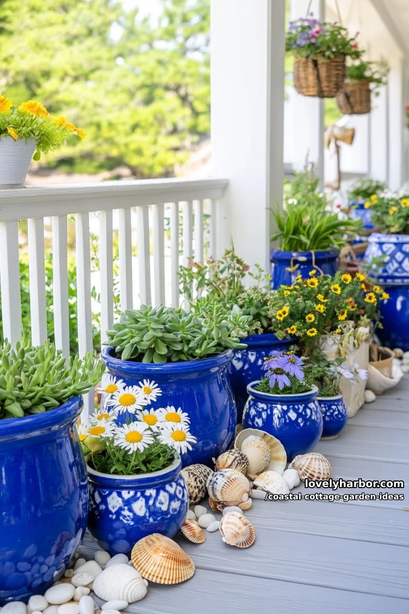 arrange clusters of blue ceramic planters with succulents and sand-loving blooms 1
