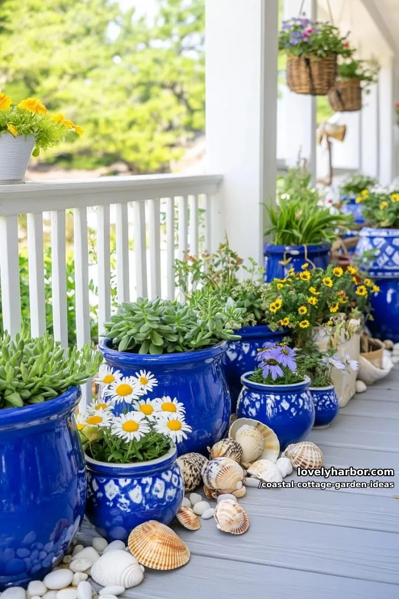 arrange clusters of blue ceramic planters with succulents and sand-loving blooms 1