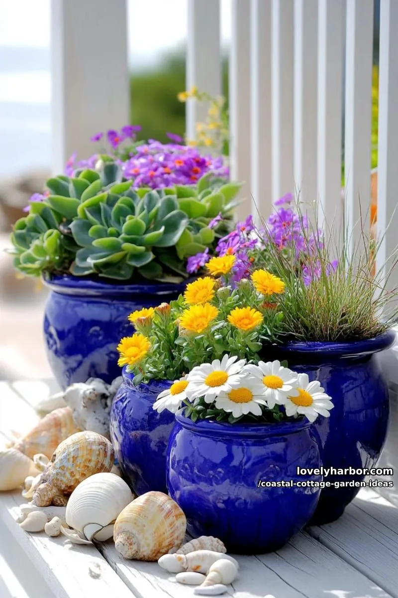 arrange clusters of blue ceramic planters with succulents and sand-loving blooms 1