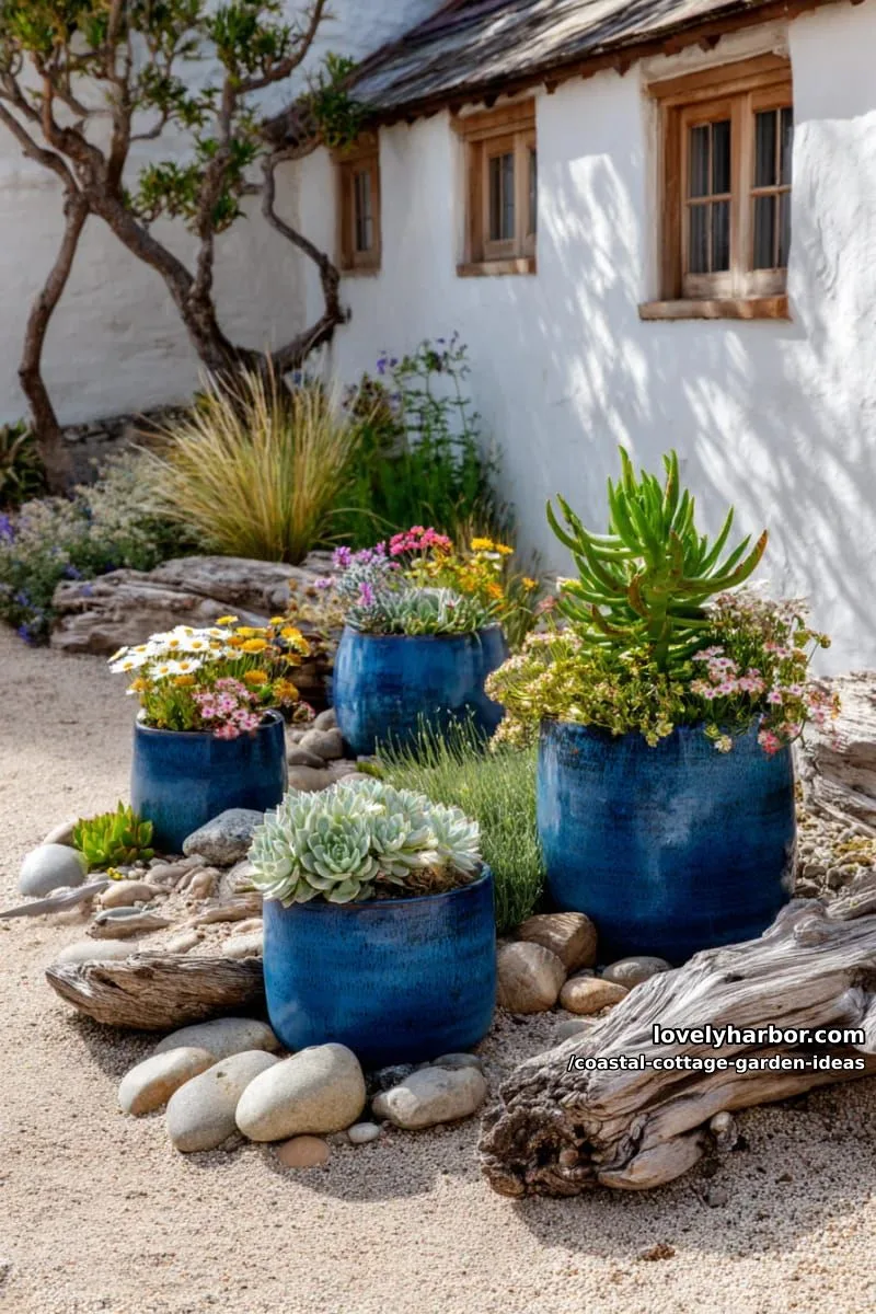 arrange clusters of blue ceramic planters with succulents and sand-loving blooms 1