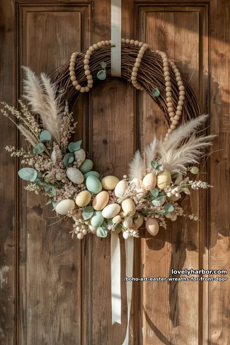 15 Boho Art Easter Wreaths for an Inviting Front Door 2 asymmetrical willow wreath with pastel eggs, pampas grass, and wood bead accents 1