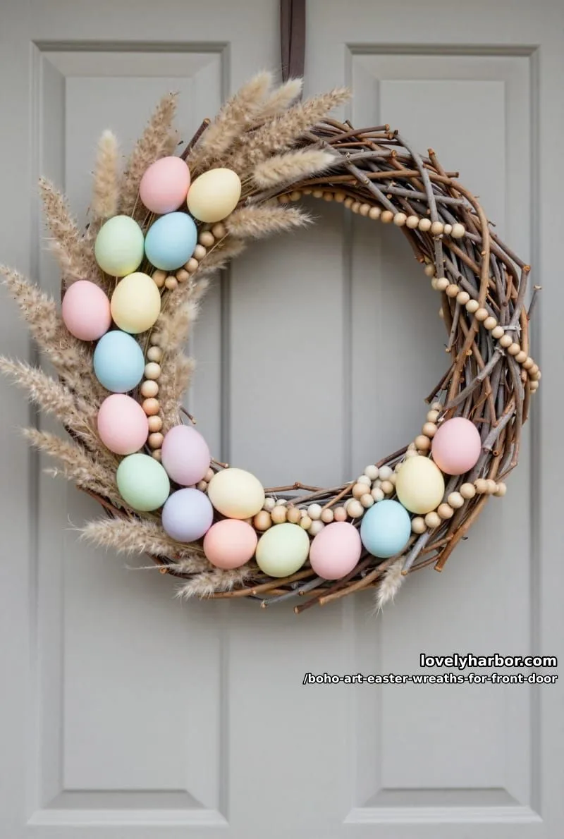 15 Boho Art Easter Wreaths for an Inviting Front Door 3 asymmetrical willow wreath with pastel eggs, pampas grass, and wood bead accents 1