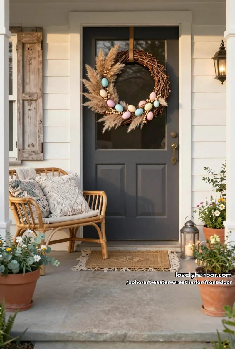 15 Boho Art Easter Wreaths for an Inviting Front Door 4 asymmetrical willow wreath with pastel eggs, pampas grass, and wood bead accents 1