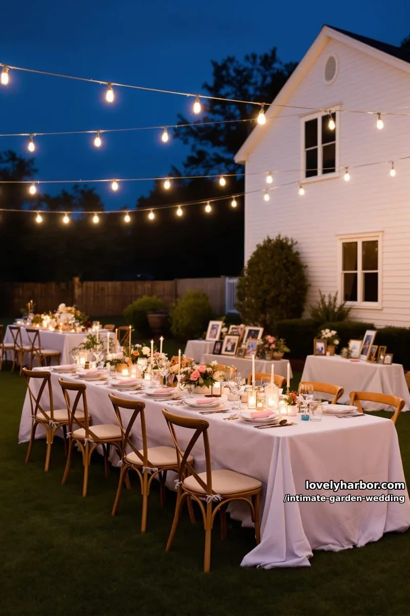 backyard dinner party, long table, string lights, candles, framed photos 1