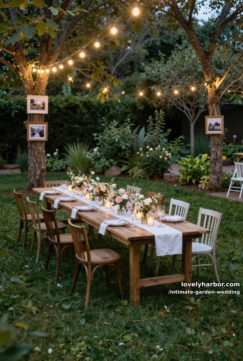 backyard dinner party, long table, string lights, candles, framed photos 1