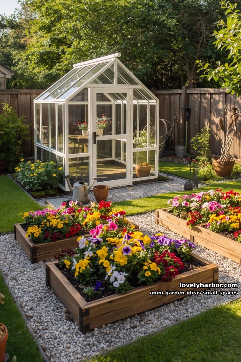 backyard greenhouse with raised flower beds and colorful blooms. 1