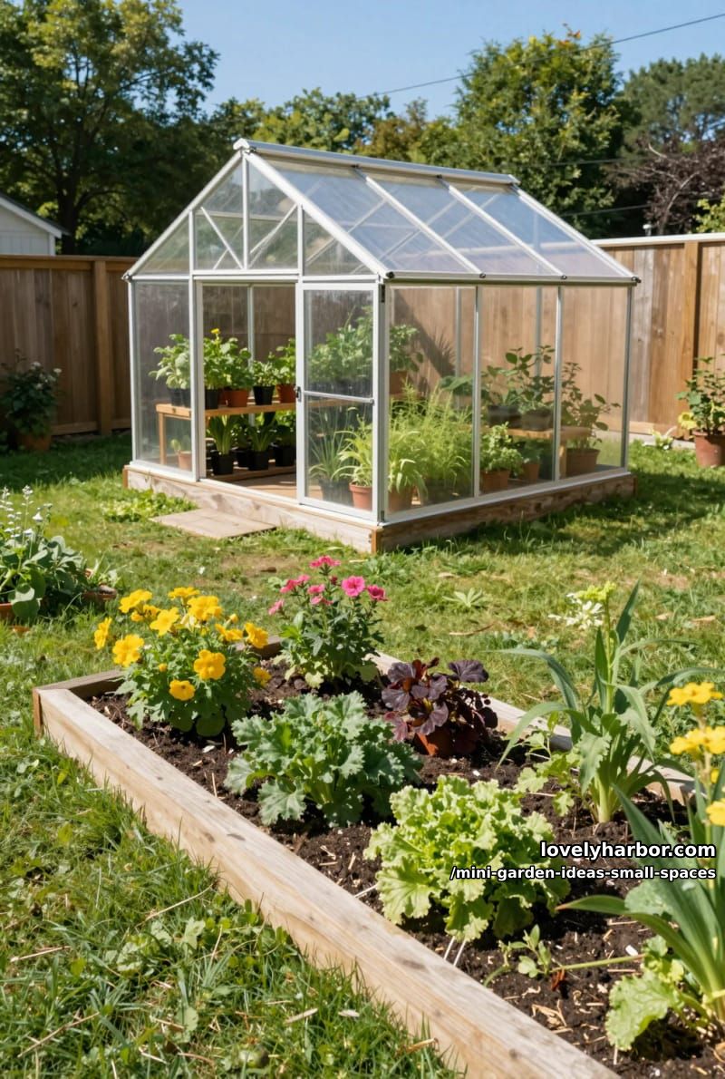backyard greenhouse with raised flower beds and colorful blooms. 1