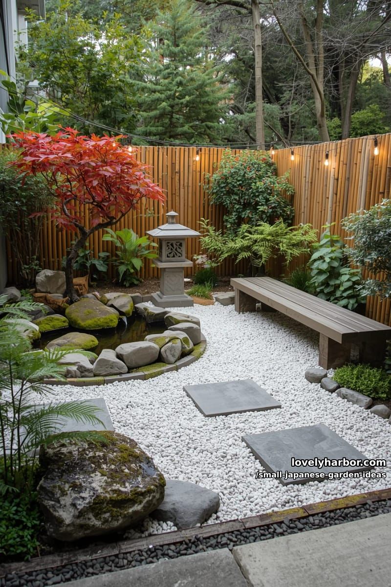 backyard japanese garden: gravel, stones, lantern, water basin, maple, and string lights. 1