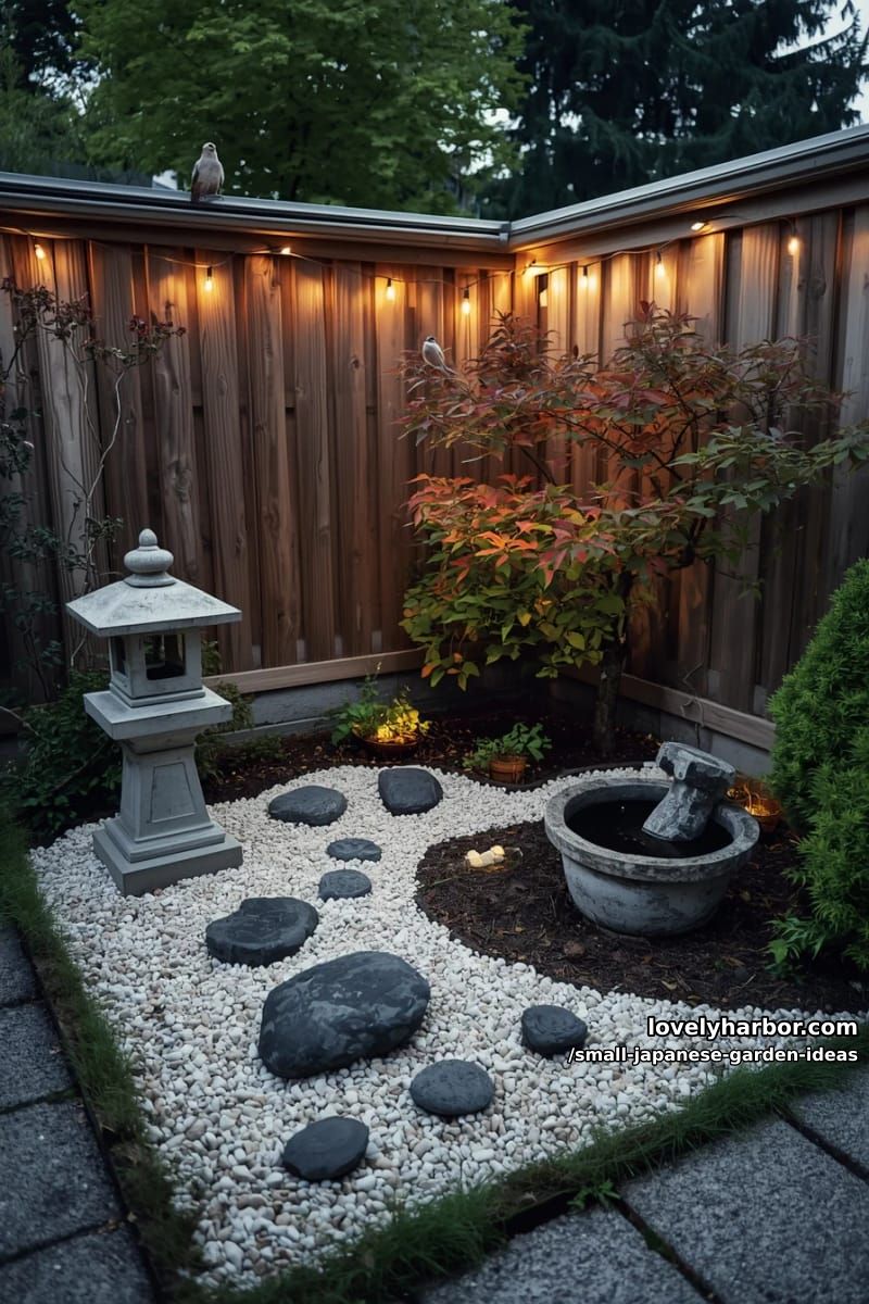 backyard japanese garden: gravel, stones, lantern, water basin, maple, and string lights. 1