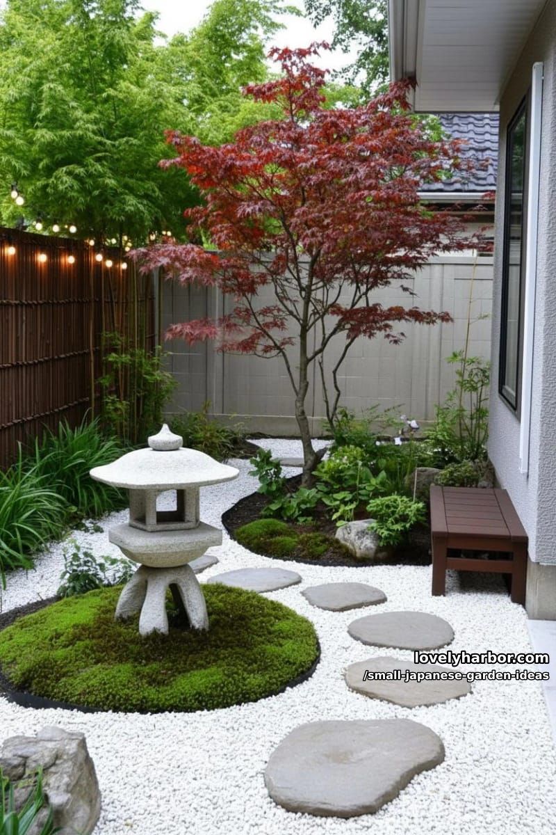 backyard japanese garden: gravel, stones, lantern, water basin, maple, and string lights. 1