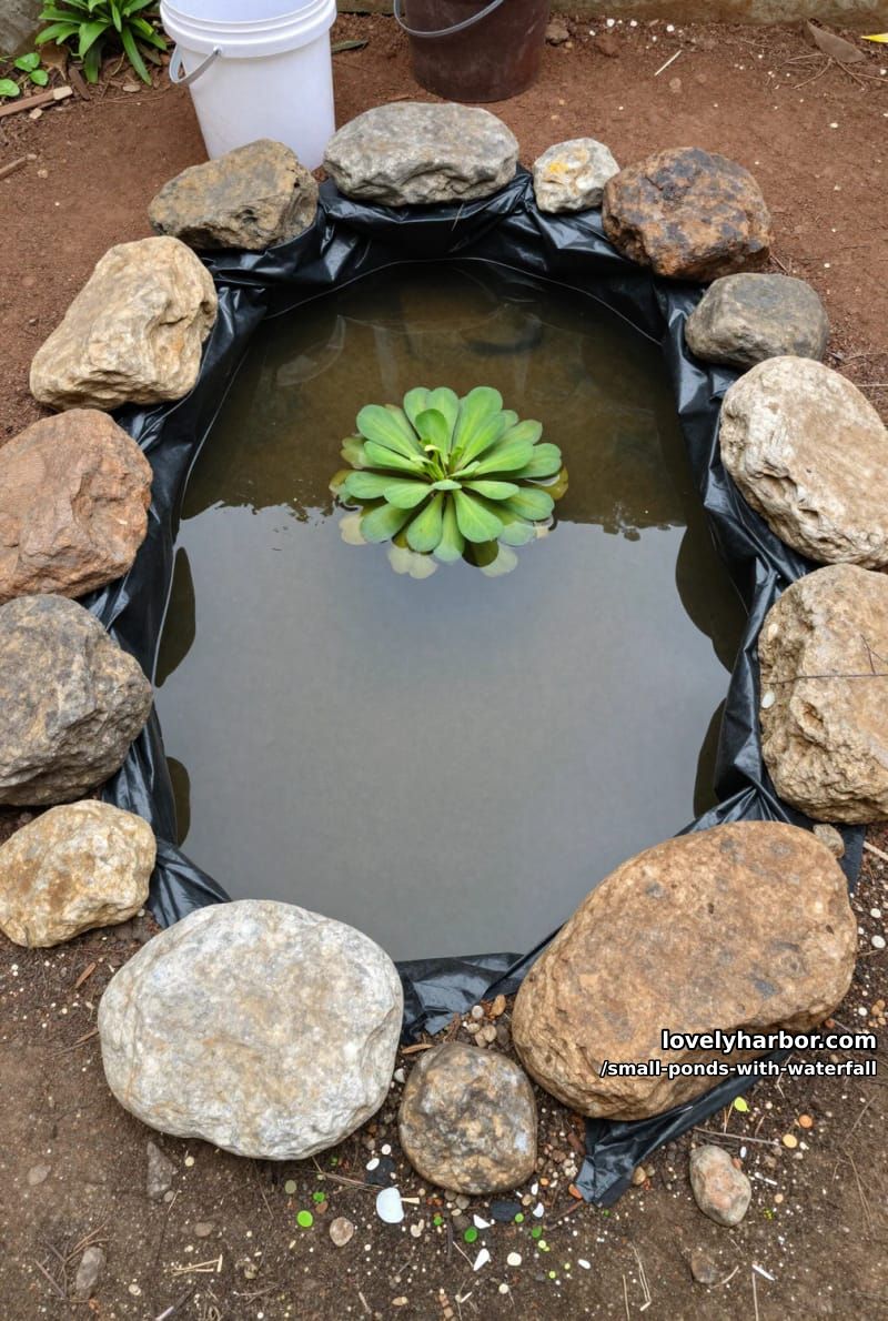 backyard pond under construction with rocks and aquatic plant. 1