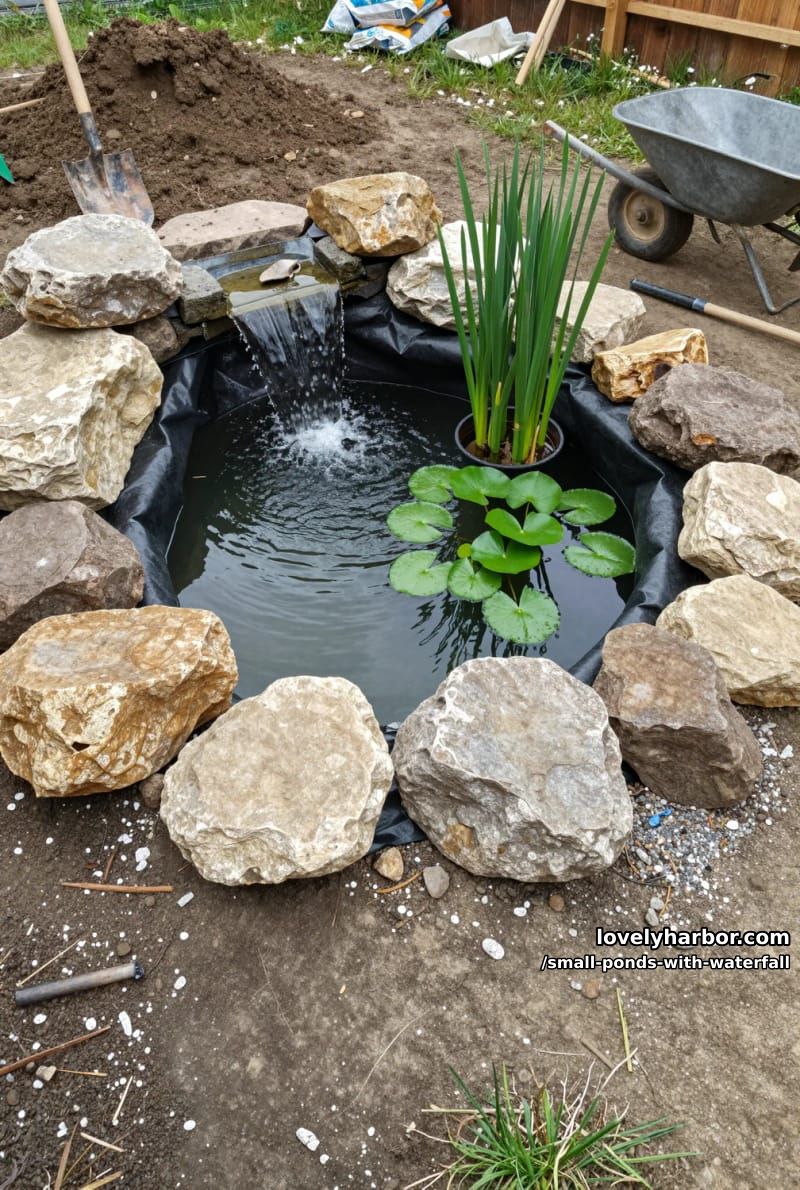 backyard pond under construction with rocks and aquatic plant. 1