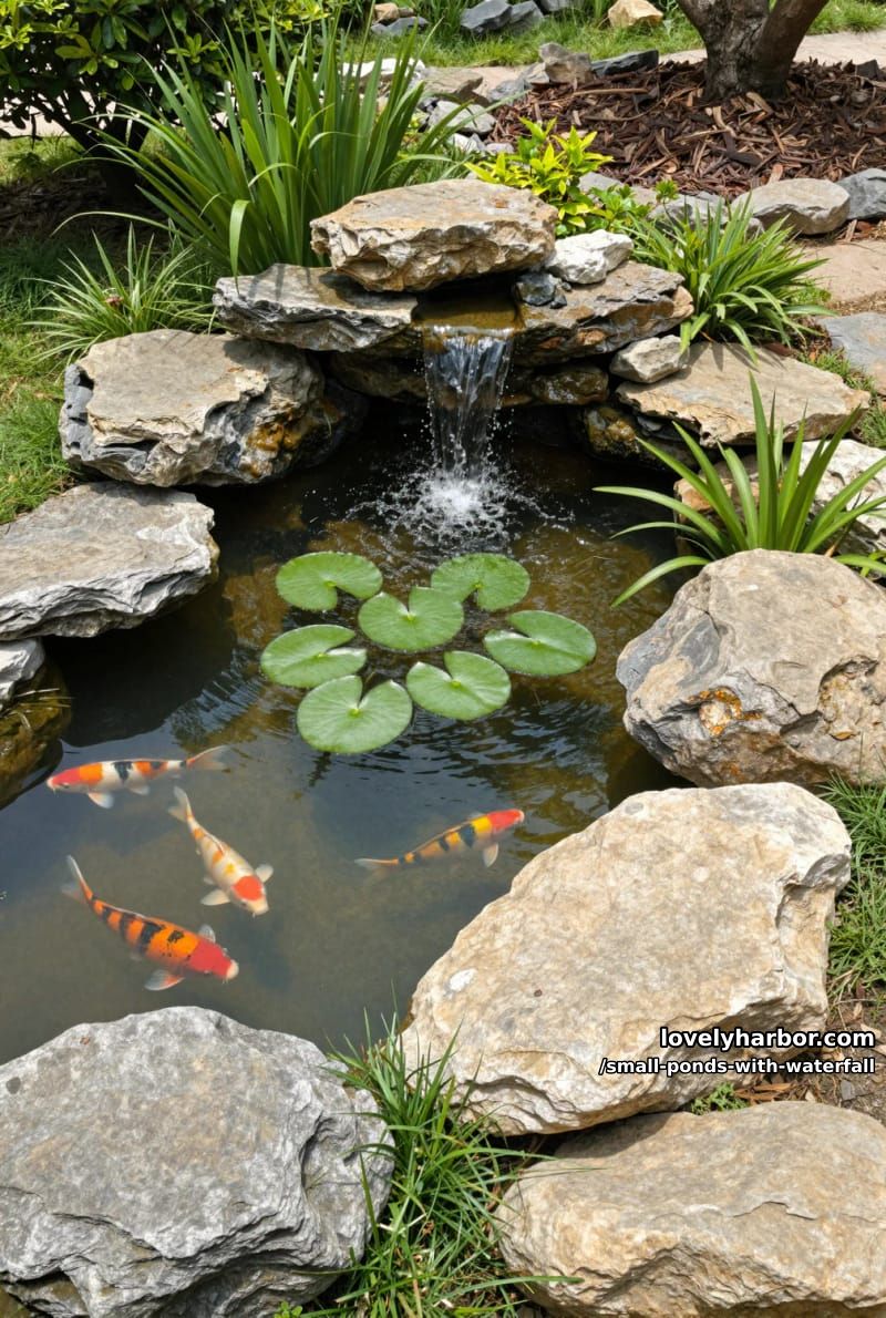 backyard pond with tiered waterfall, lily pads, koi fish, and greenery. 1