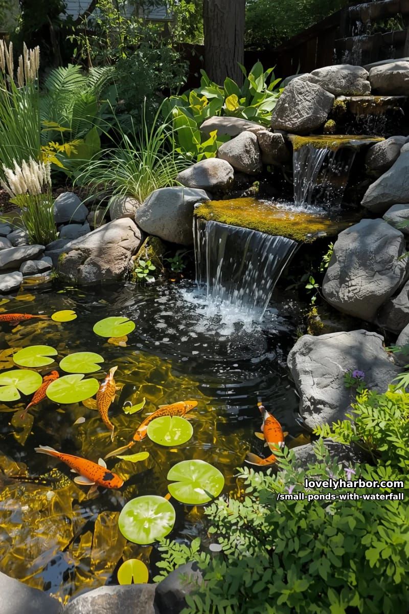 backyard pond with tiered waterfall, lily pads, koi fish, and greenery. 1