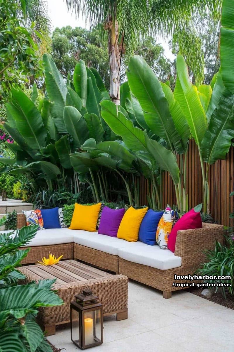 backyard privacy screen of dense tropical plants and wooden fence. 1