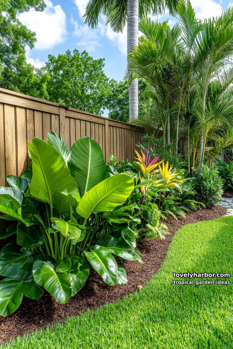 backyard privacy screen of dense tropical plants and wooden fence. 1