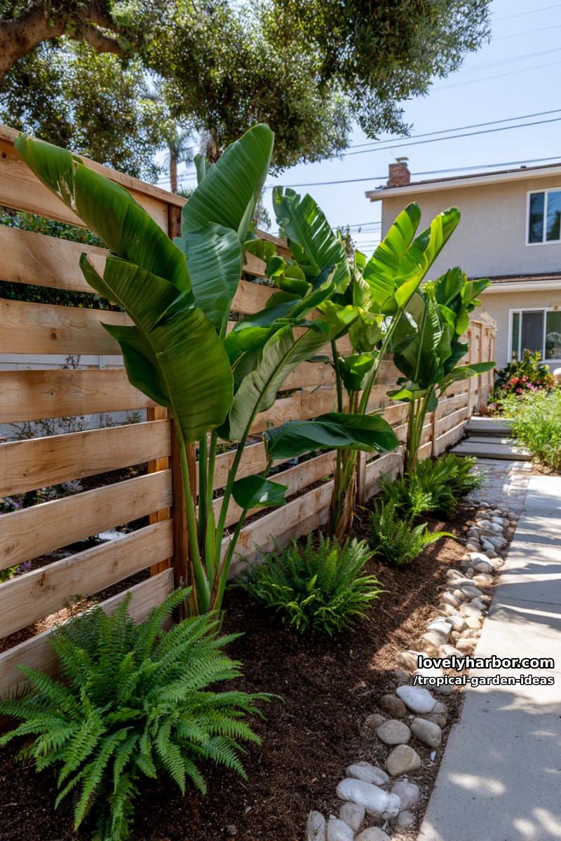backyard privacy screen of dense tropical plants and wooden fence. 1