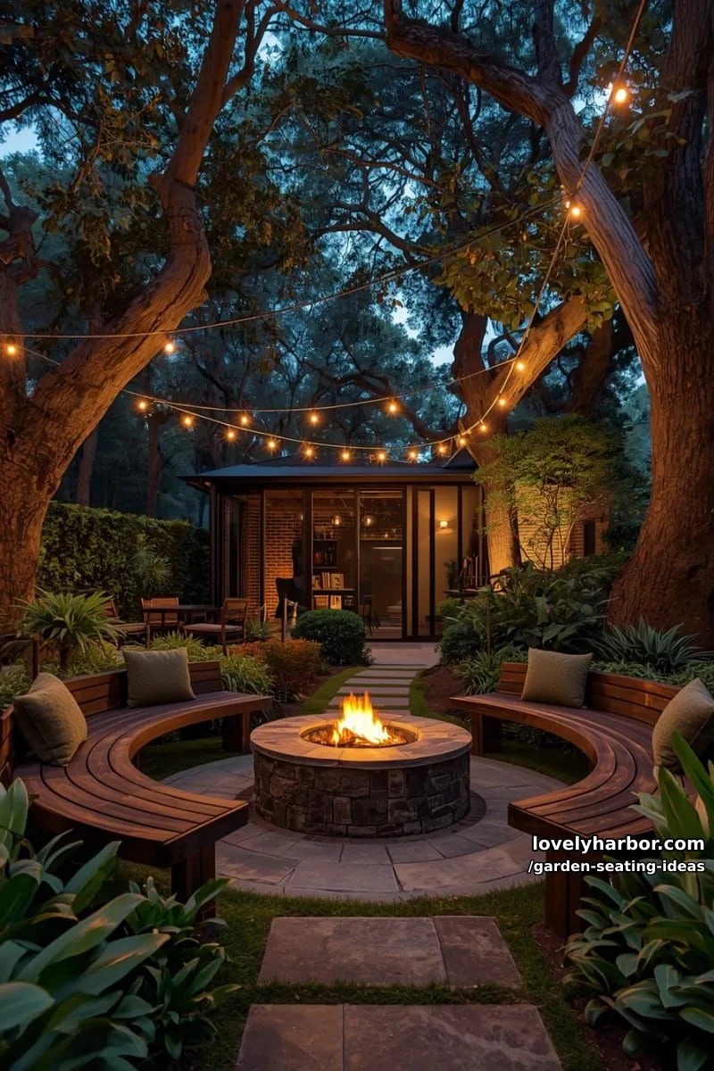 backyard with circular fire pit, curved benches, string lights, and garden house 1