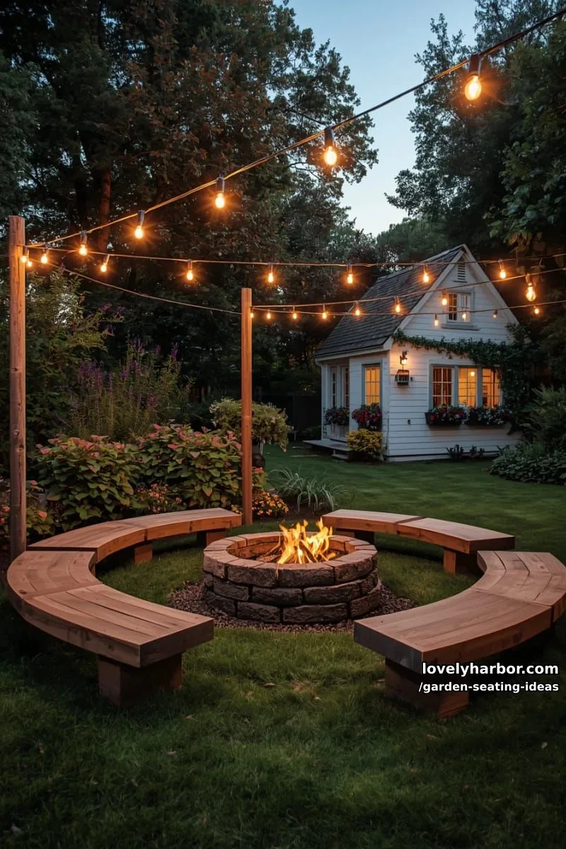 backyard with circular fire pit, curved benches, string lights, and garden house 1