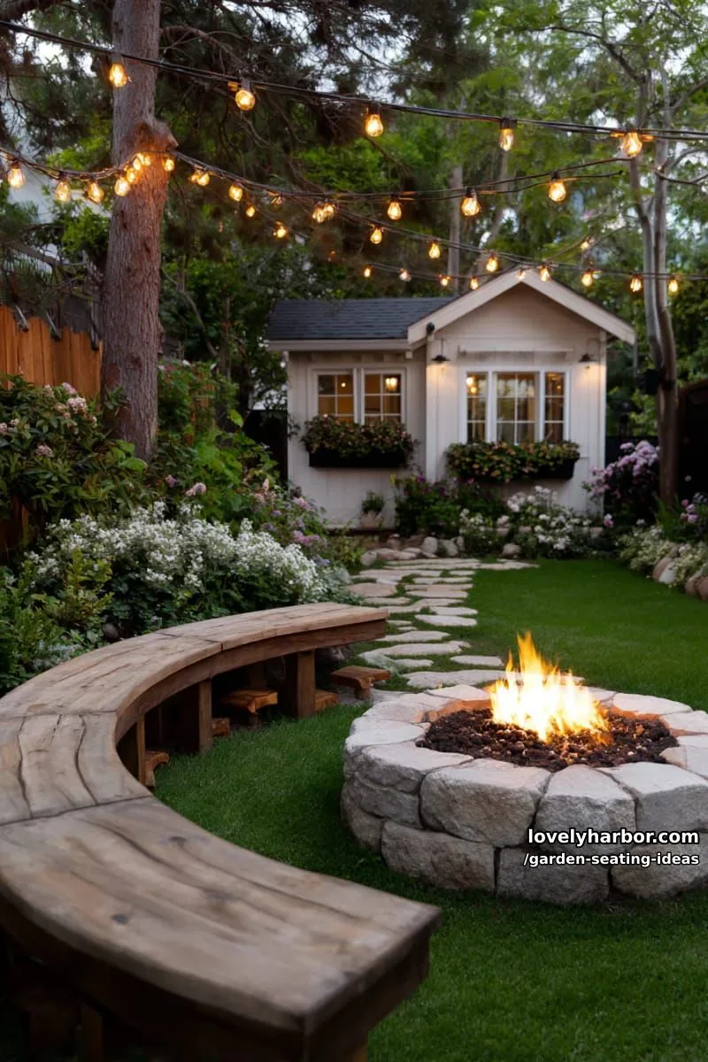 backyard with circular fire pit, curved benches, string lights, and garden house 1