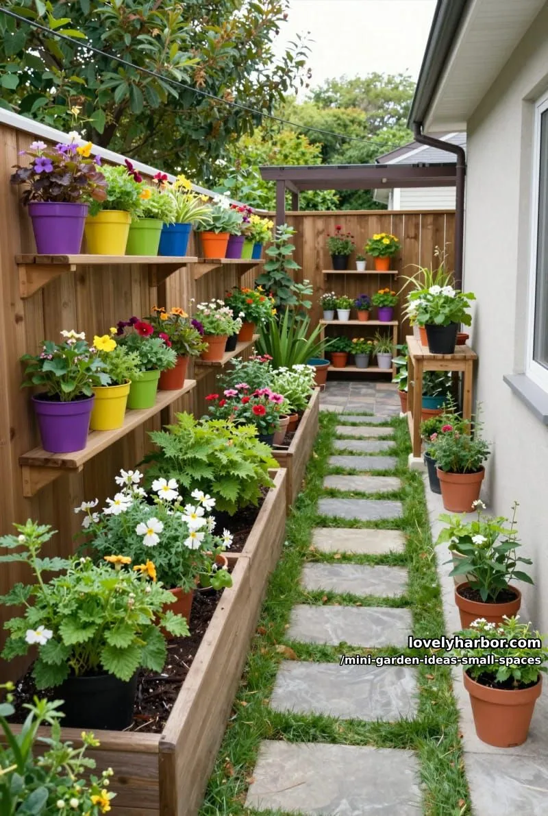 20 Mini Garden Ideas For Small Spaces 27 backyard with colorful flower pots on fence and stone paver path. 1
