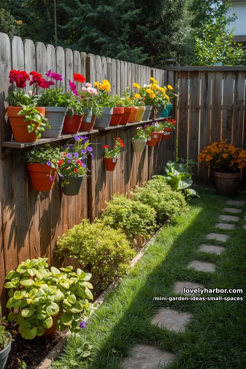 20 Mini Garden Ideas For Small Spaces 28 backyard with colorful flower pots on fence and stone paver path. 1