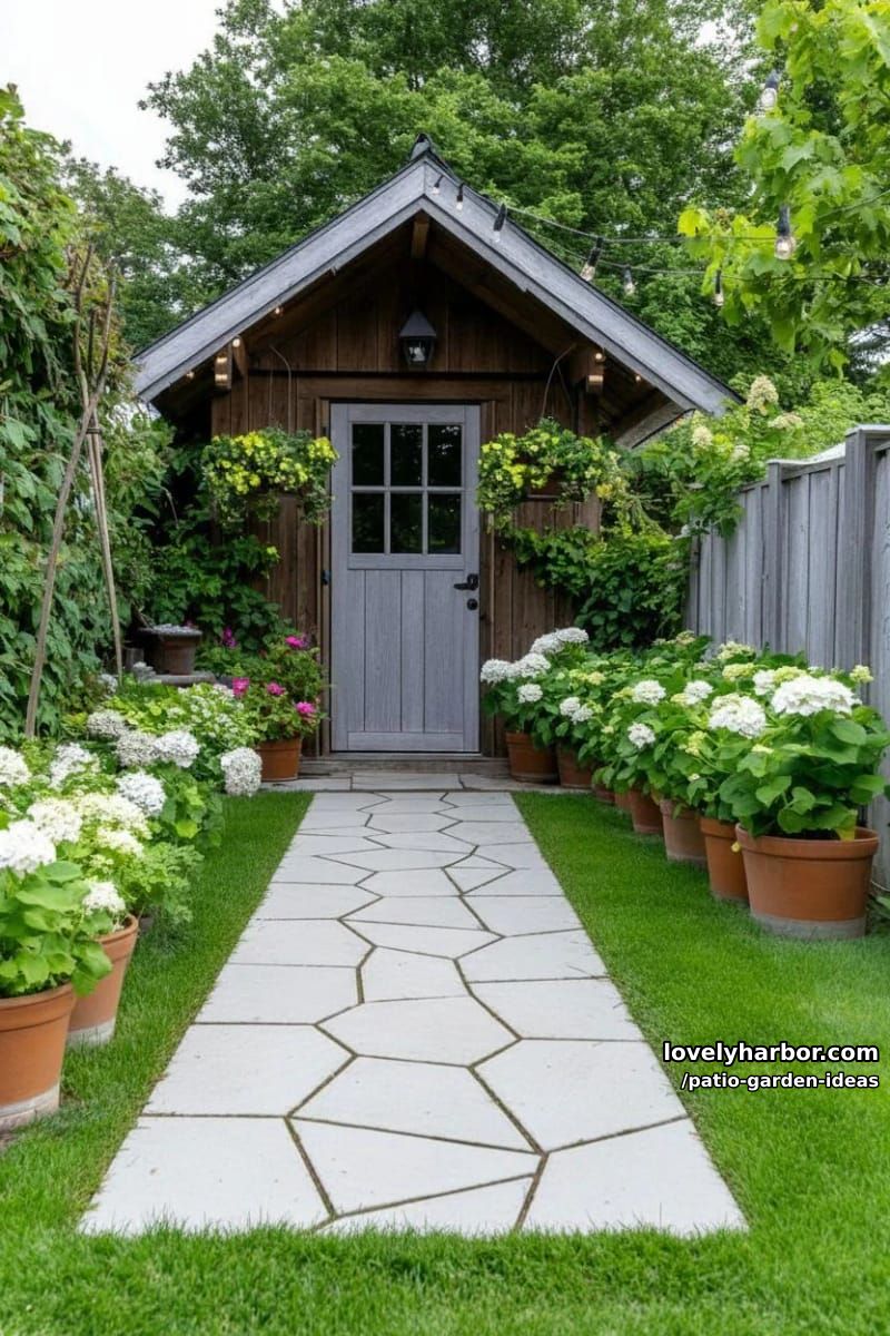 backyard with geometric paving stones, patchy lawn, flower pots, and shed. 1