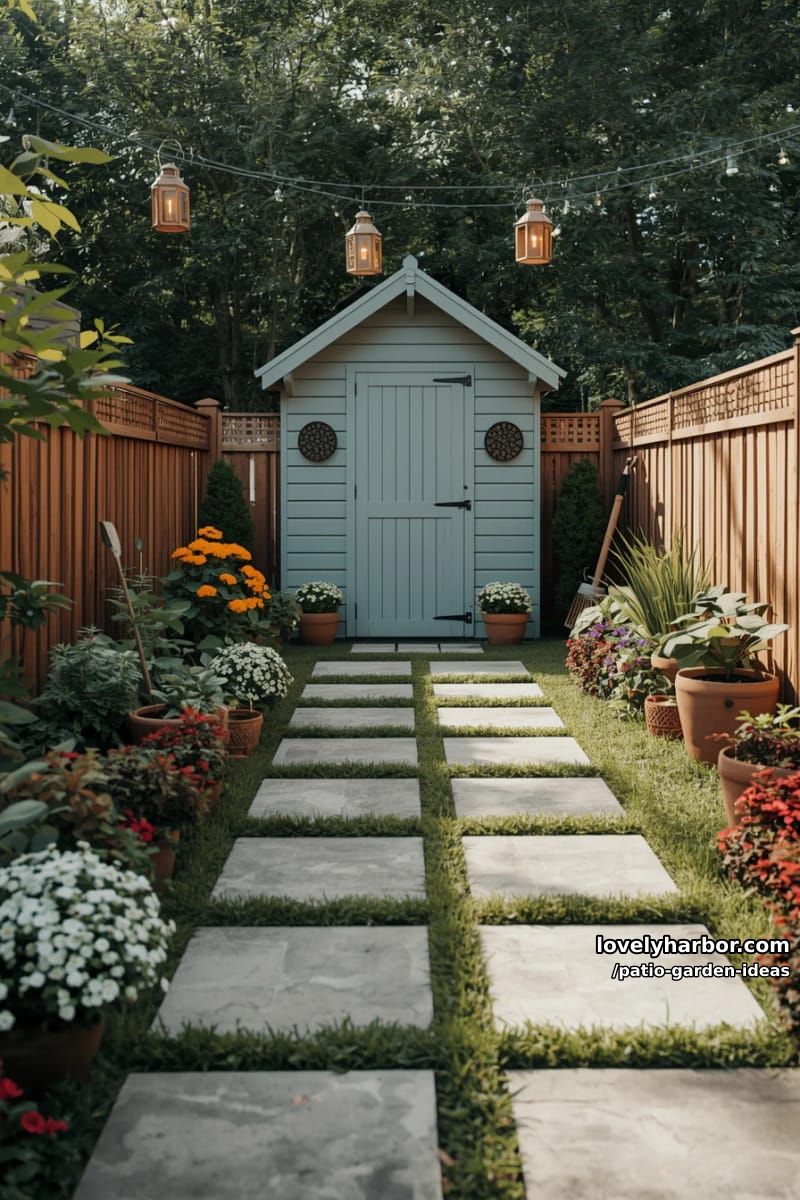 backyard with geometric paving stones, patchy lawn, flower pots, and shed. 1