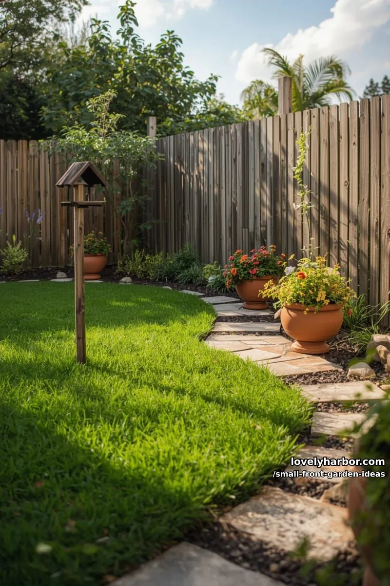 backyard with green lawn, wooden fence, bird feeder, and patio planters. 1