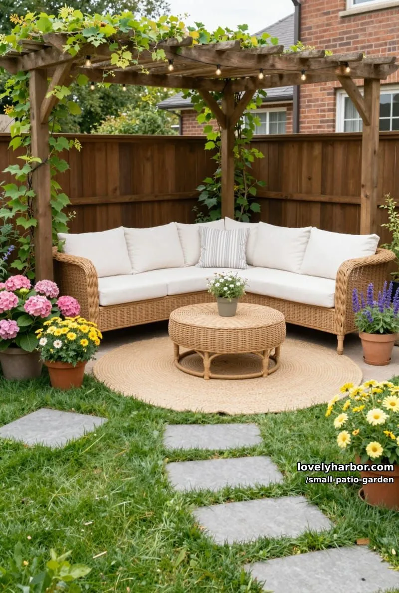 backyard with pergola, l-shaped wicker sofa, potted flowers, and stepping stones. 1