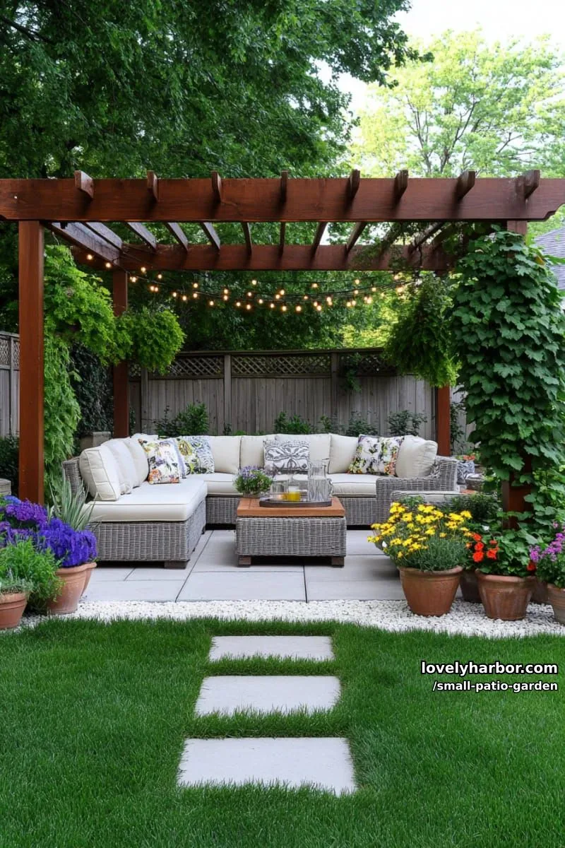 backyard with pergola, l-shaped wicker sofa, potted flowers, and stepping stones. 1