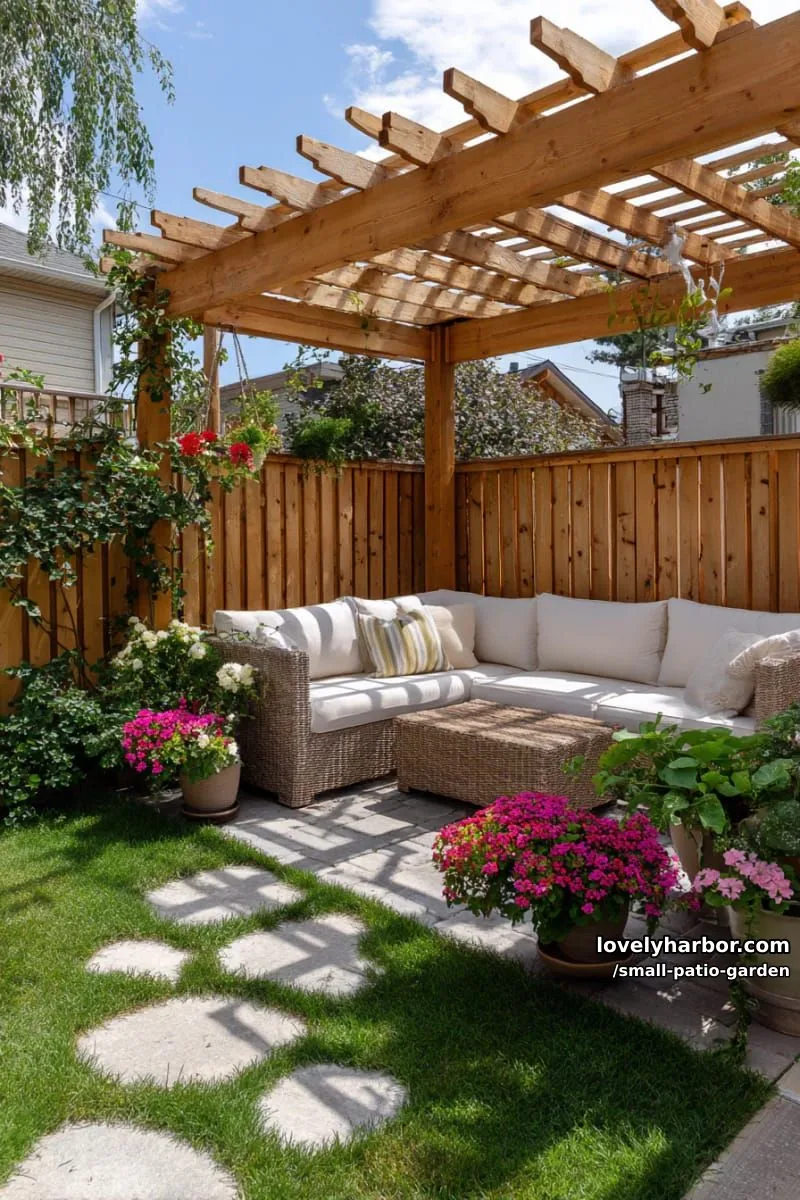 backyard with pergola, l-shaped wicker sofa, potted flowers, and stepping stones. 1