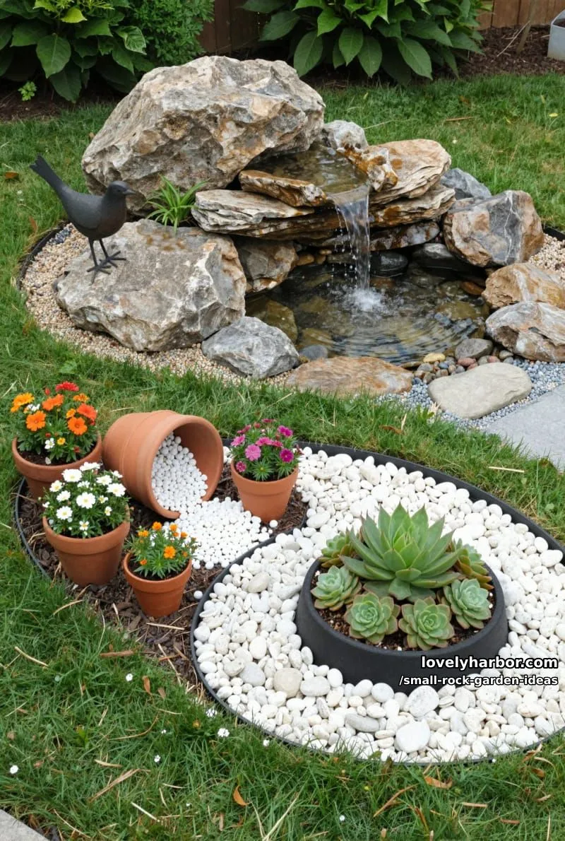 backyard with rock landscaping, bird sculpture, waterfall, and creative planters. 1