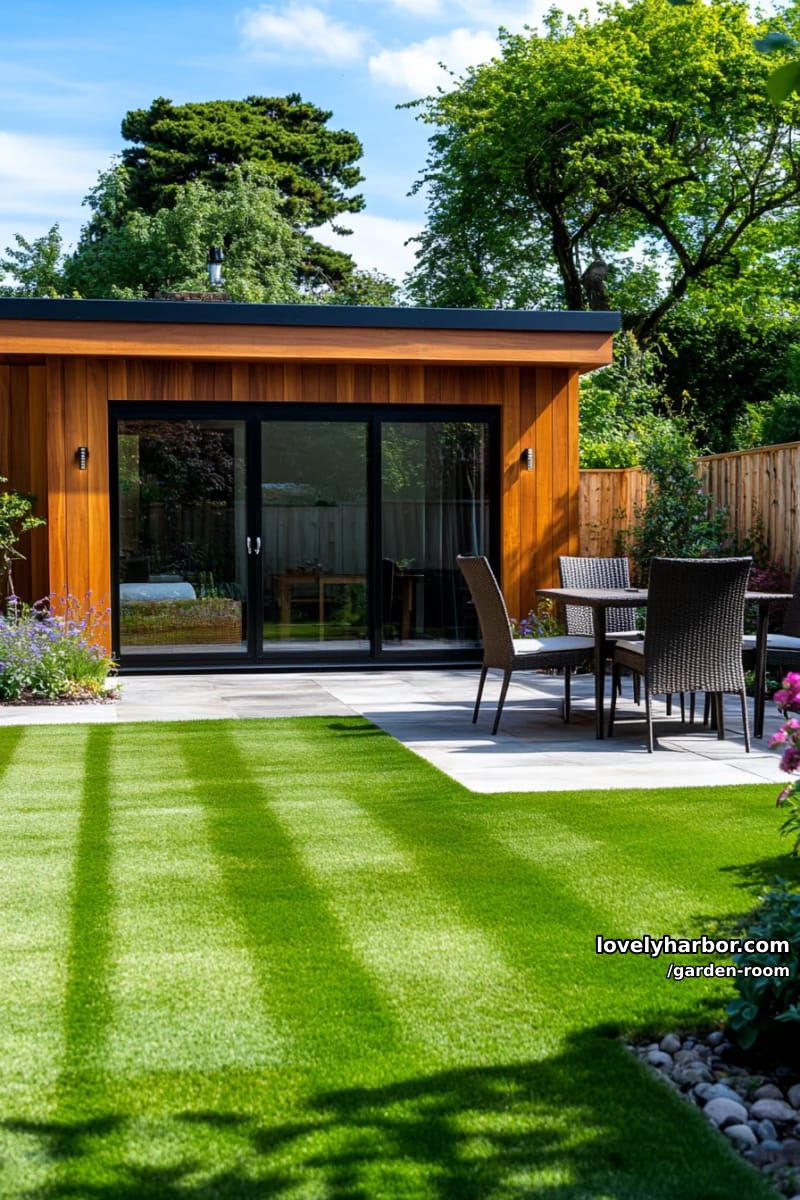 backyard with wooden garden room, outdoor seating, and lawn stripes. 1