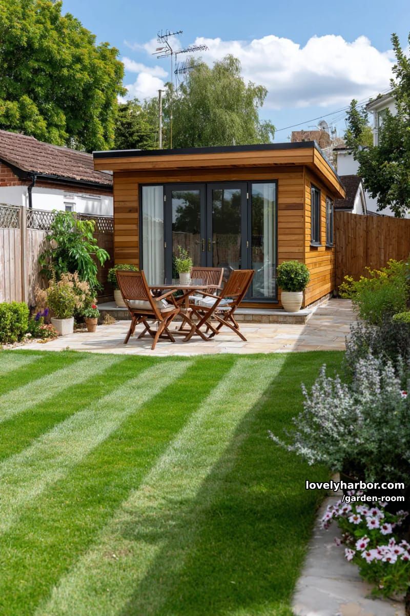 backyard with wooden garden room, outdoor seating, and lawn stripes. 1