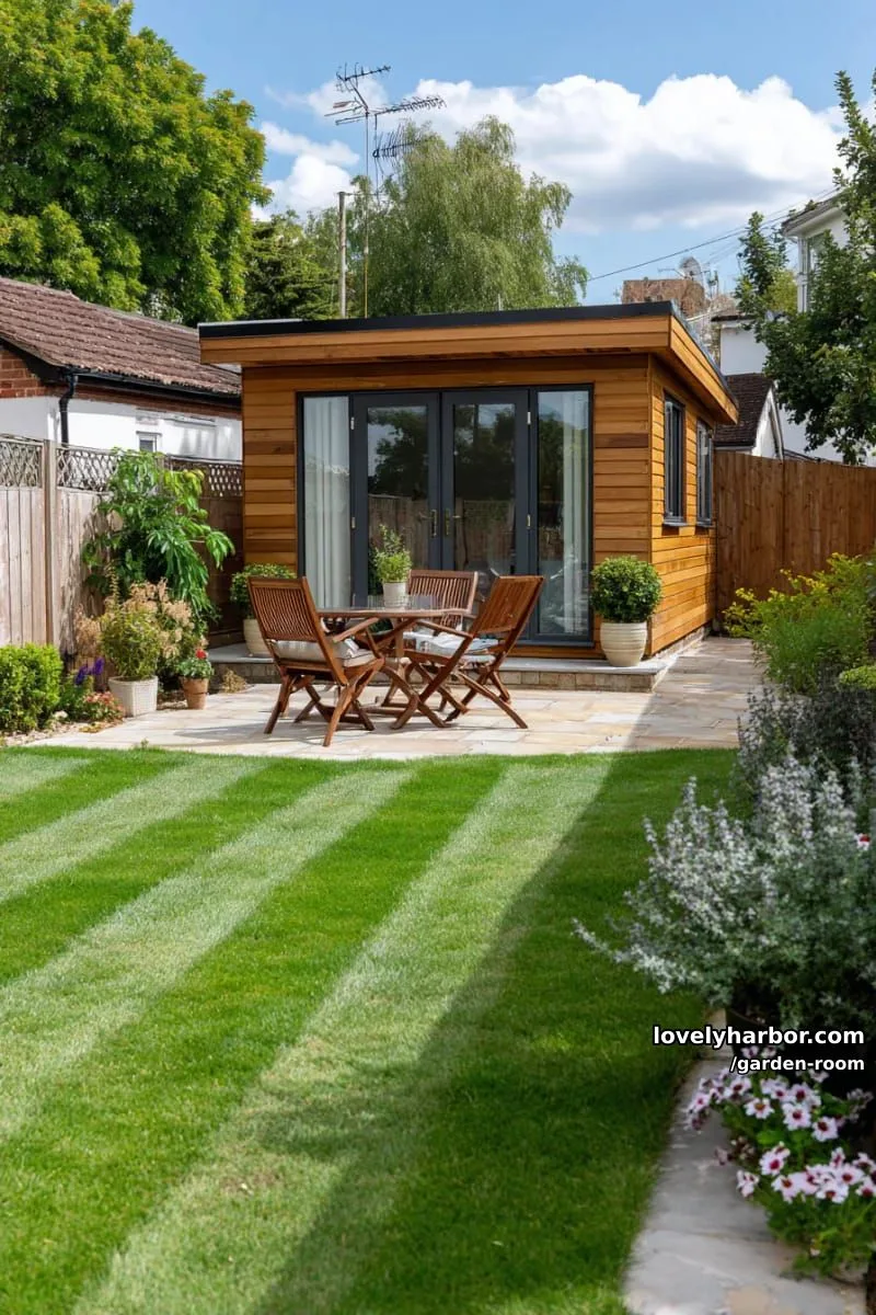 backyard with wooden garden room, outdoor seating, and lawn stripes. 1