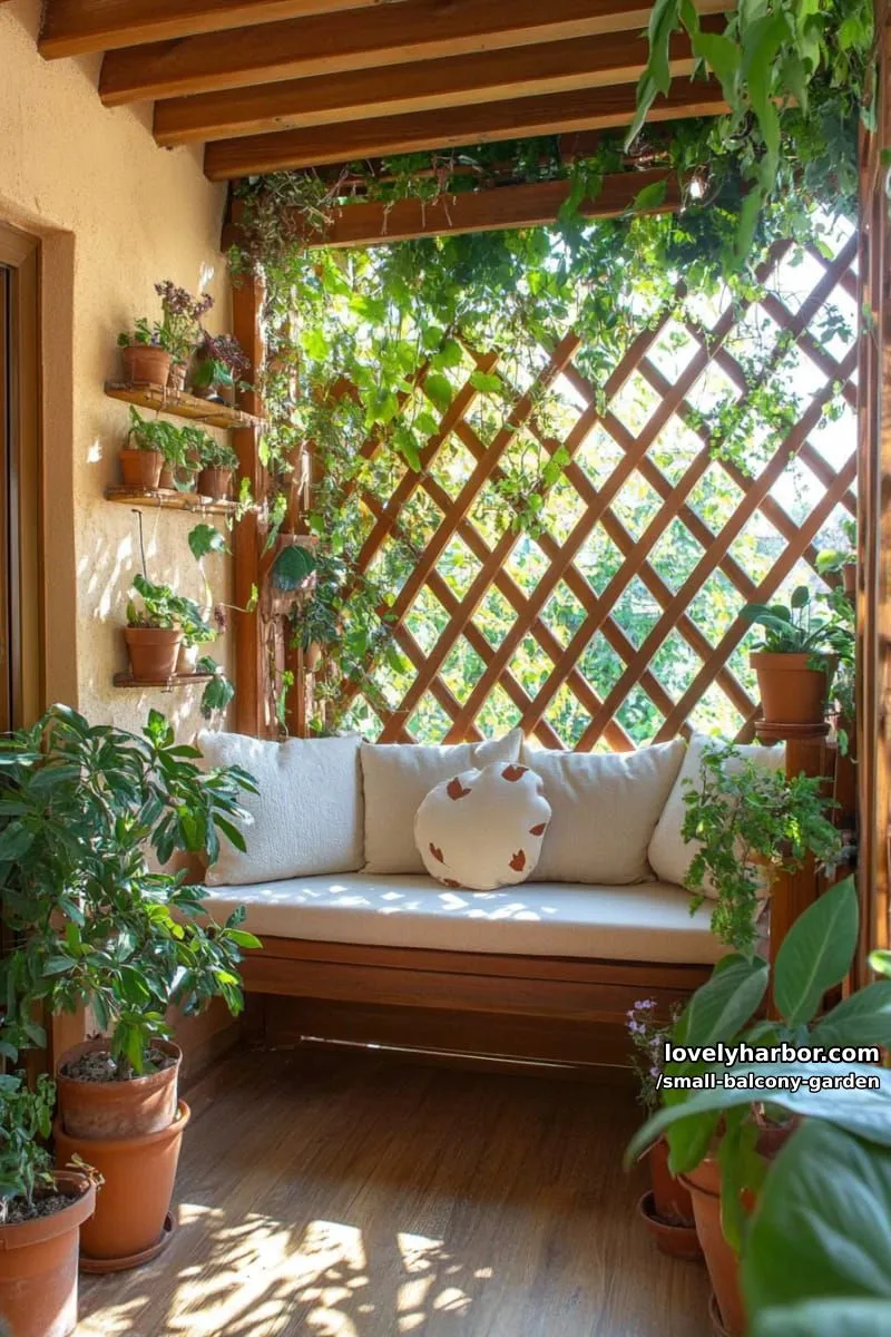balcony enclosed by wooden lattice, lush potted plants, and cushioned bench. 1