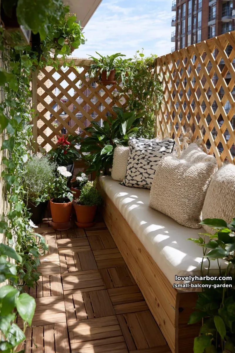balcony enclosed by wooden lattice, lush potted plants, and cushioned bench. 1