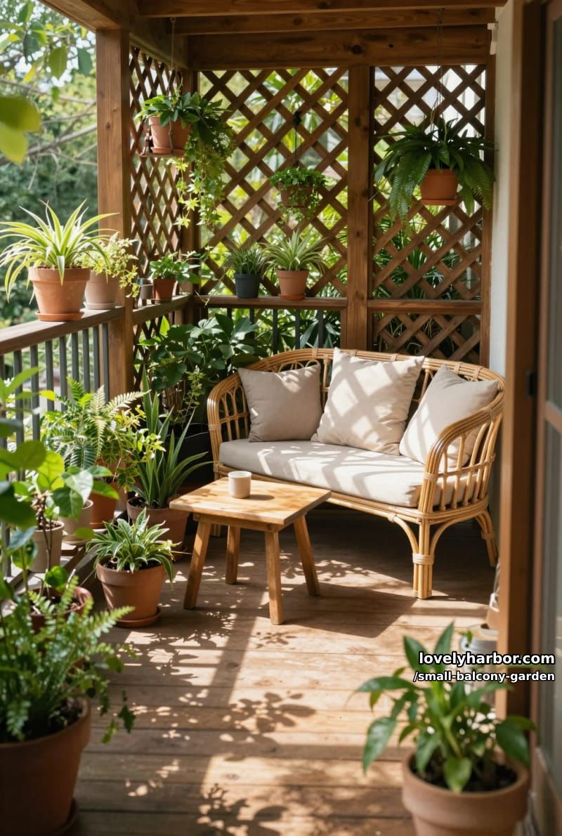 balcony enclosed by wooden lattice, lush potted plants, and cushioned bench. 1
