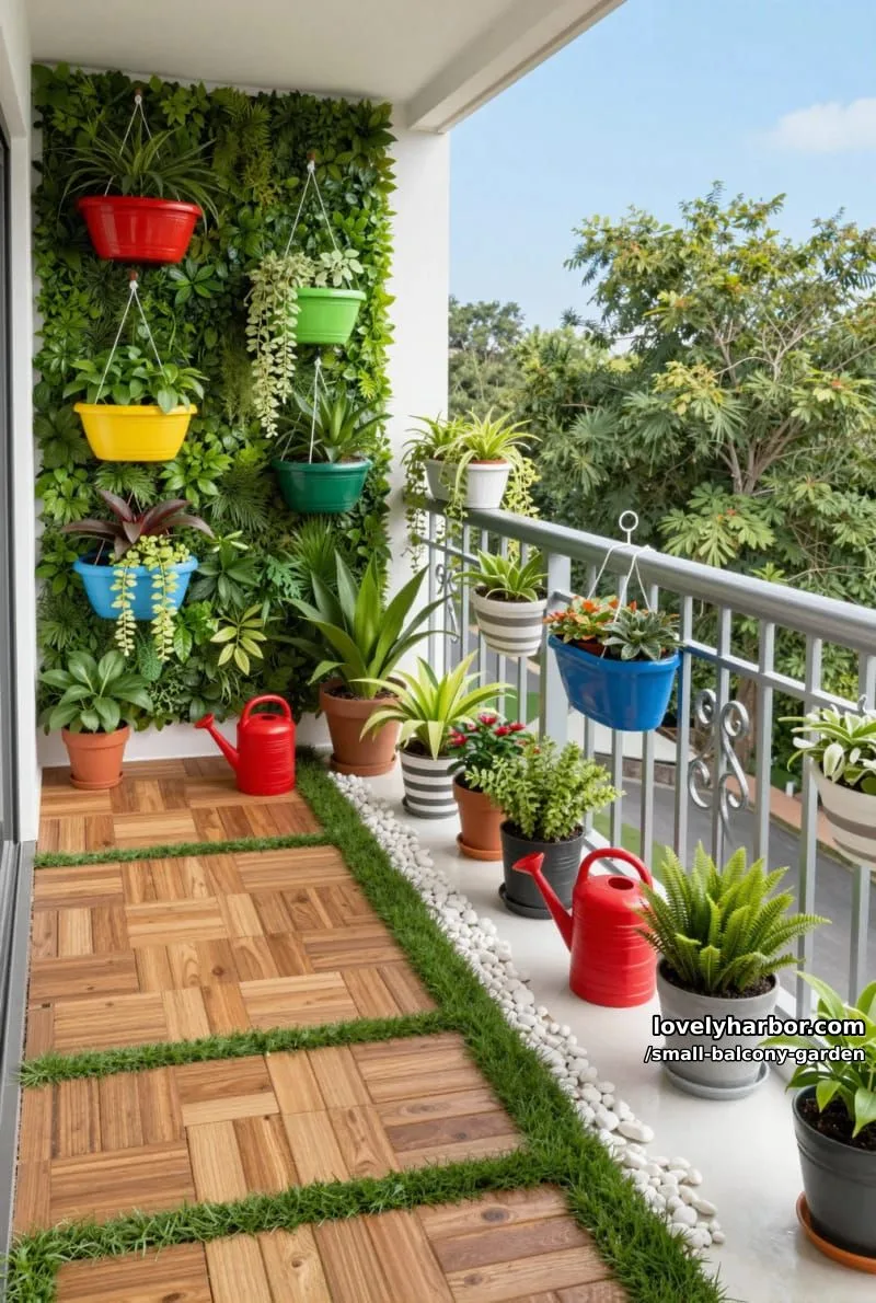 balcony with vertical green wall, colorful hanging planters, and wooden tiles. 1