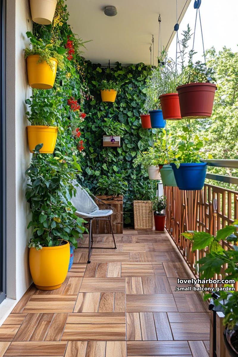 balcony with vertical green wall, colorful hanging planters, and wooden tiles. 1