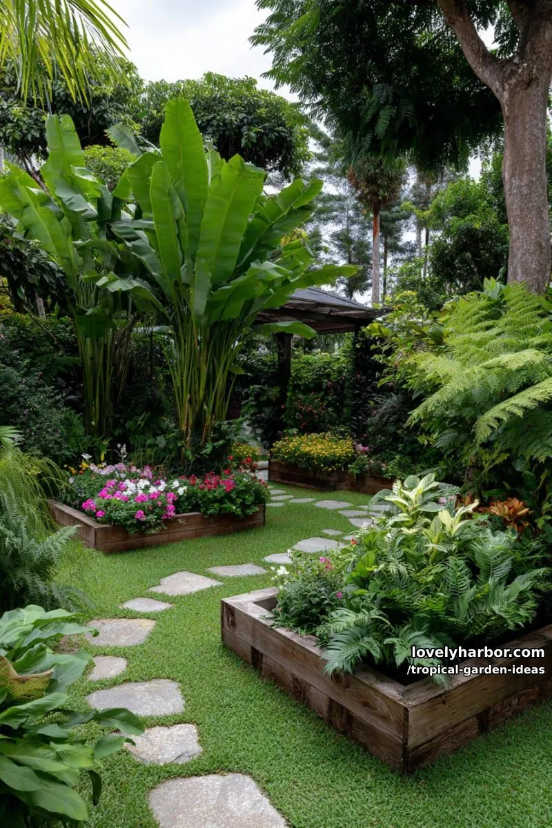 banana grove garden with raised beds, flowering plants, and winding path. 1