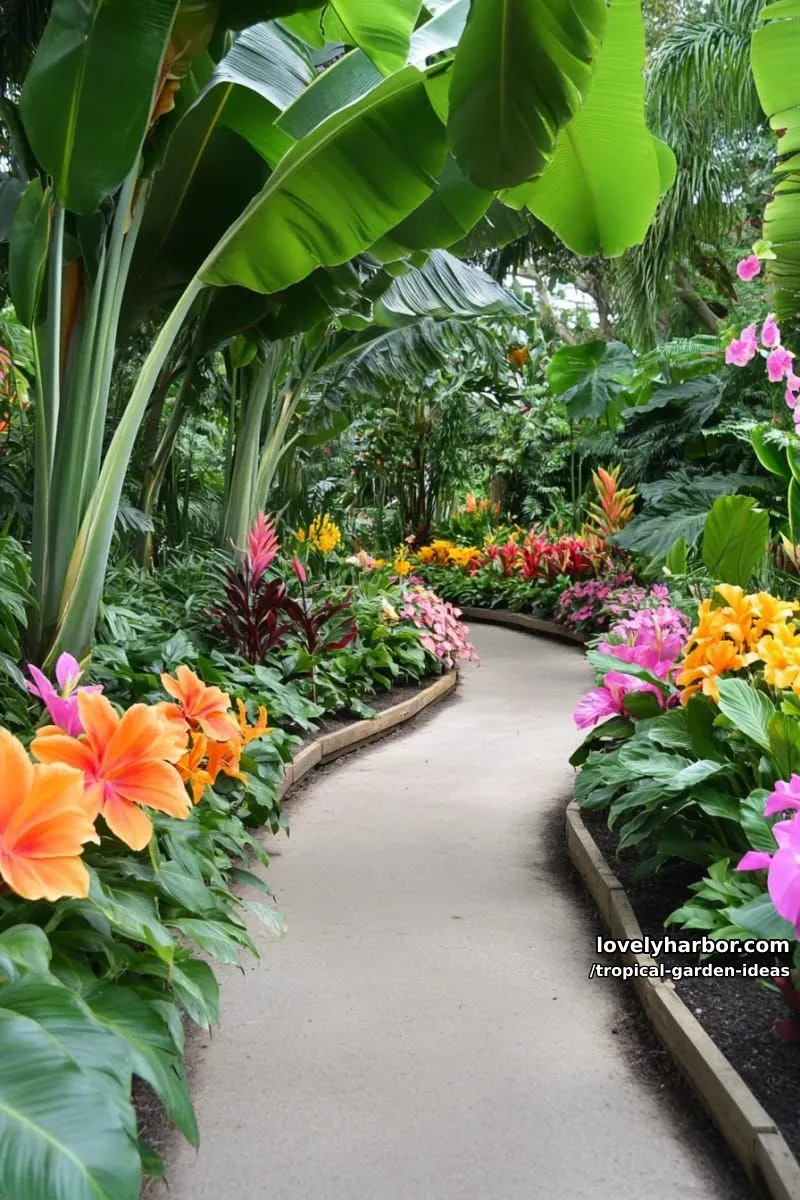 banana grove garden with raised beds, flowering plants, and winding path. 1