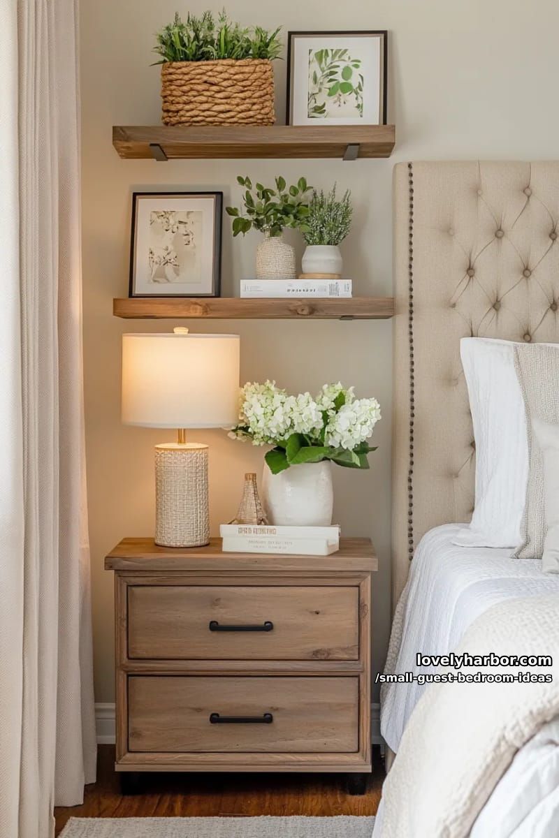 bedroom corner with tufted bed, wood nightstand, and illuminated floating shelves. 1