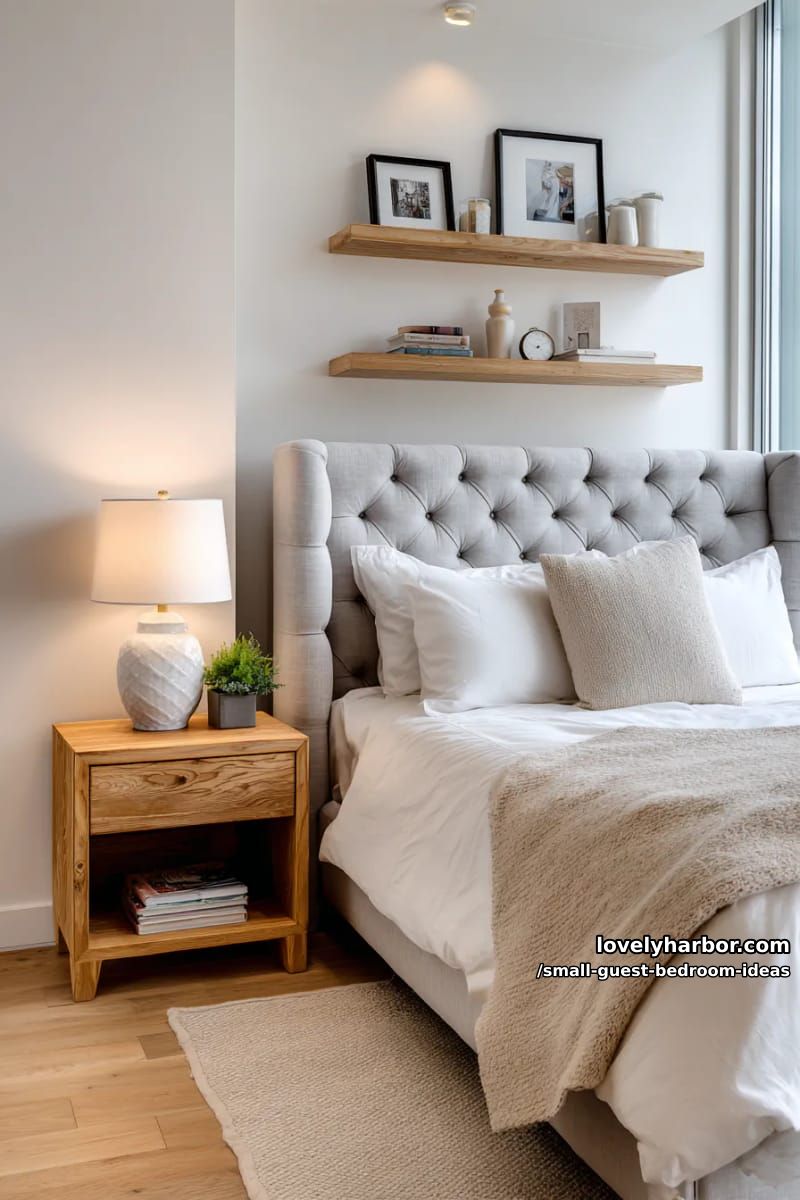 bedroom corner with tufted bed, wood nightstand, and illuminated floating shelves. 1