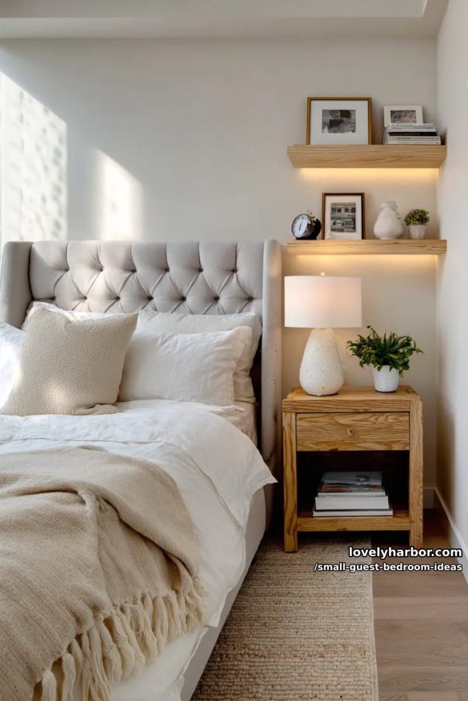 Apartment 2 bedroom corner with tufted bed, wood nightstand, and illuminated floating shelves. 9