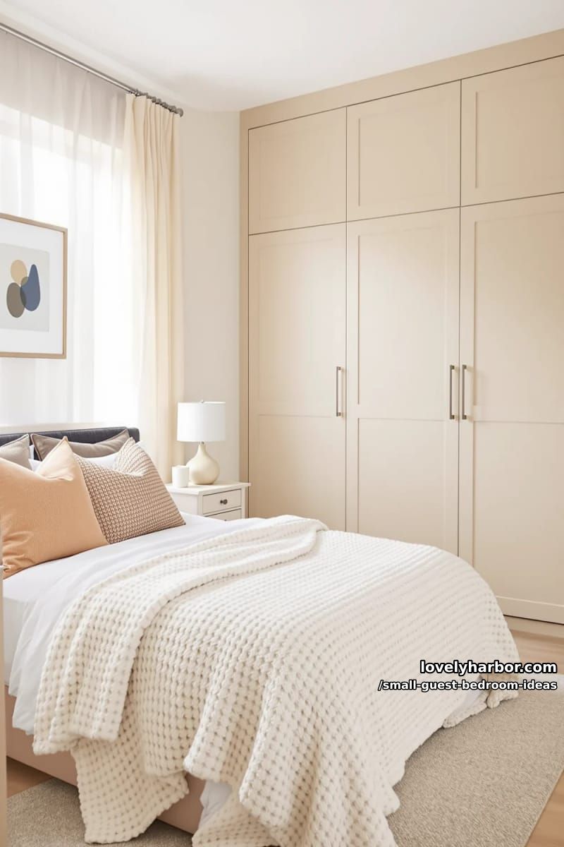 bedroom with beige tones, chunky blanket, and built-in wardrobe. 1