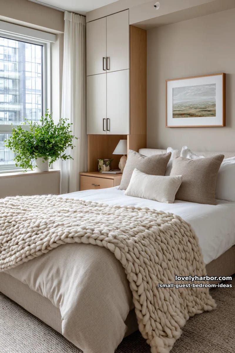 bedroom with beige tones, chunky blanket, and built-in wardrobe. 1
